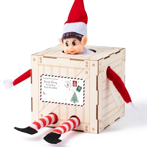 Christmas Elf Crate with Gift Card, Santa¡¯s Elf Delivery Box, Wooden Elf Holder with Name Tag Sticker Christmas Gift for Kids - Holds One Elf (Elf Not Included)