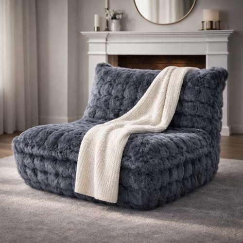 Memory Foam Bean Bag Chair with Faux Fur Cover - Dark Grey, Compact & Supportive