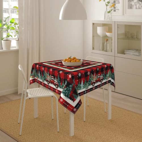 Robvobe Christmas Plaid Square Tablecloth 54X54 Inch Red Truck Xmas
