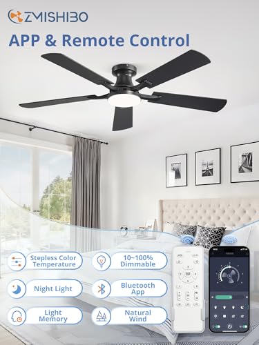 ZMISHIBO 52-Inch Black Ceiling Fan with Lights, Remote & App Control, Flush Mount