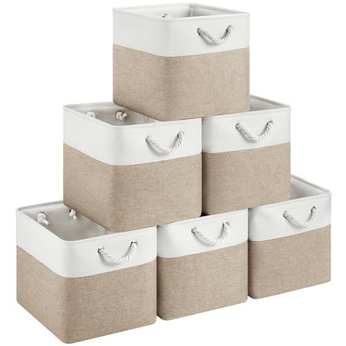 White Khaki 13x15x13 Inch Storage Bins with Cotton Rope Handles 6-Pack