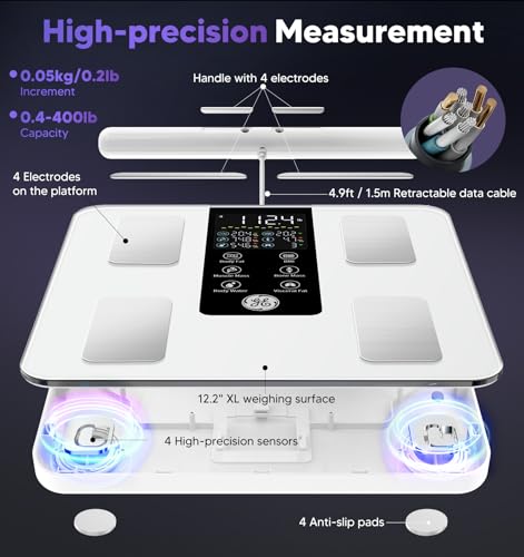 White GE Smart Body Composition Scale - Full Body Analysis, 50+ Metrics, 12.2-inch Display