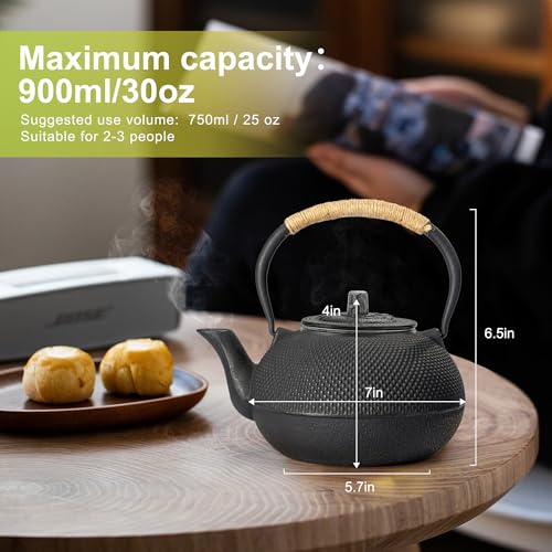 Suyika 30 oz Cast Iron Japanese Tetsubin Teapot with Stainless Steel Infuser, Enamel Interior, Stovetop Safe