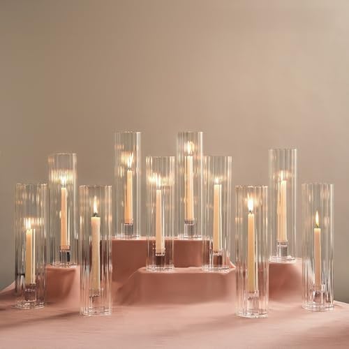NUPTIO Ribbed Hurricane Glass Candle Holders Set of 10 - 11.8" Tall