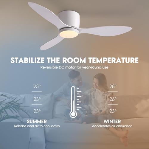 White 42 Inch Ceiling Fan with Lights, Remote & Wall Control, Dimmable, Low Profile Flush Mount