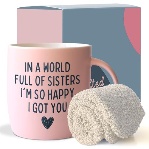 Sister Gift Mug & Cozy Socks Set - 13oz Pink Ceramic Coffee Cup