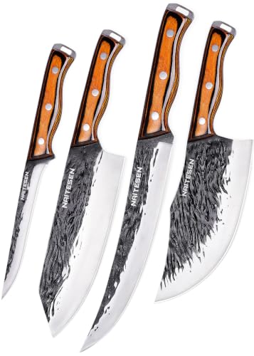 Naitesen 4PCS Hand Forged Butcher Knife Set with Heavy Duty Meat Cleaver and Slicing Knives