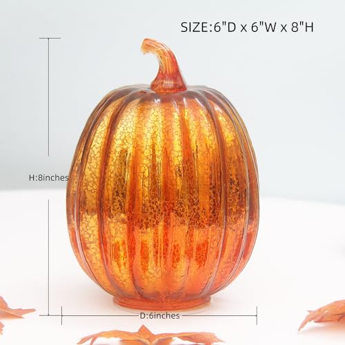 HVTDECOR 8-inch Gold Mercury Glass Pumpkin Lights with Timer - Battery Operated Halloween & Fall Decor