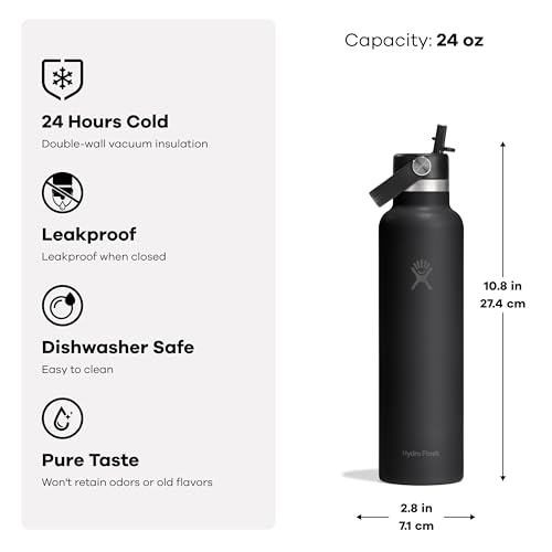 Hydro Flask 24 Oz Insulated Stainless Steel Water Bottle - Tonal Black with Straw Lid - Leakproof & Keeps Drinks Cold 24H
