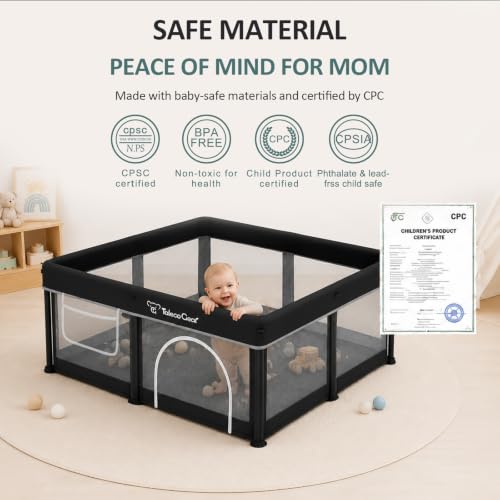Black Foldable Baby Playpen with Mat, 50x50 Inches, Breathable Mesh, Ocean Balls Included