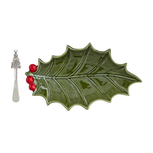 Mud Pie Holly Leaf Platter with Spreader – Green Stoneware Christmas Serving Set