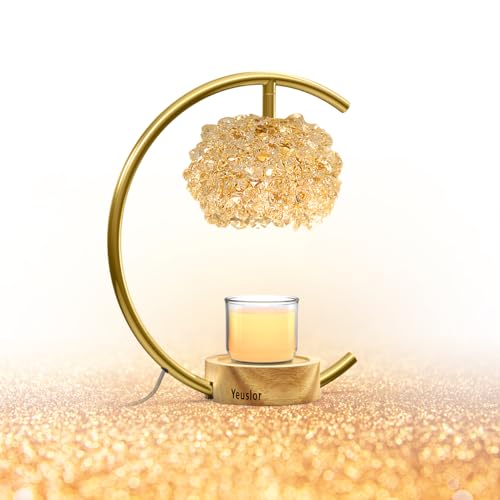 Yeuslor Gold Candle Warmer Lamp with Adjustable Brightness & Timer, Handcrafted Crystal & Wooden Base, C-Shaped Home Decor