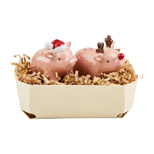 Mud Pie Christmas Pig Salt & Pepper Shakers Set, Hand Painted Stoneware