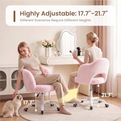 Pink Vanity Chair with Wheels, Faux Rabbit Fur Seat for Girls & Women