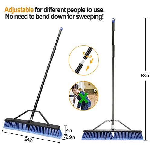 24-Inch Heavy Duty Outdoor Push Broom 2-Pack for Deck Garage Driveway Cleaning — Blue, Ergonomic Handle