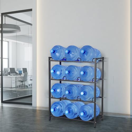 Jolybebe 12-Slot Black Water Bottle Storage Rack for 3-5 Gallon Jugs, Heavy Duty 4-Tier Organizer