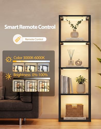 PARTPHONER Dimmable Glass Display Shelf Floor Lamp with Remote Control, 3 Color Temps, Black