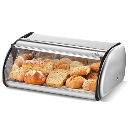 ENLOY Silver Stainless Steel Bread Box with Roll-Top Lid - Large Capacity Kitchen Organizer