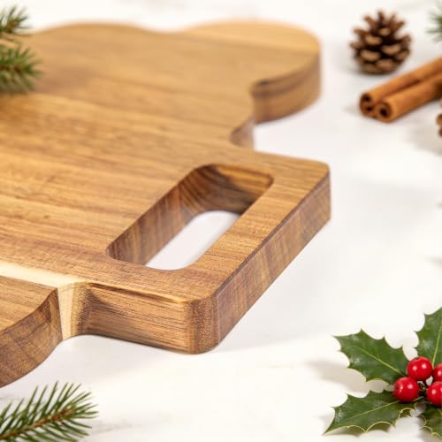 Christmas Tree Acacia Wood Serving & Cutting Board with Handle, Festive Cheese Platter