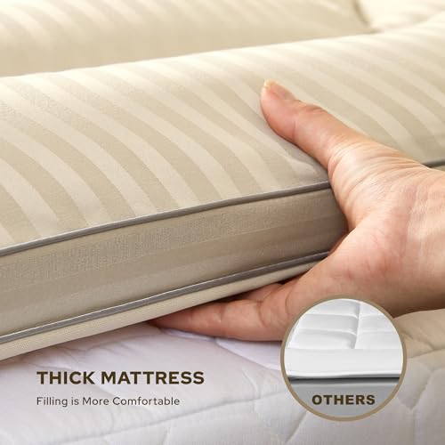 Beige King Mattress Topper - Thick Pillow Top Bed Cover, Soft Cooling Mattress Pad