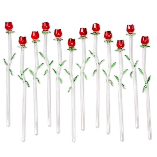 12 Pack Red Roses Crystal Figurines - Handmade Long Stem Gift Set