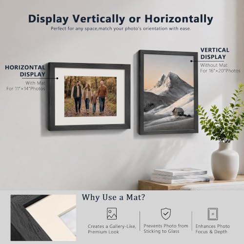 VCK 16x20 Picture Frame 5 Pack - Black Wood Grain with Mat for Photos & Art - Exclusive Design