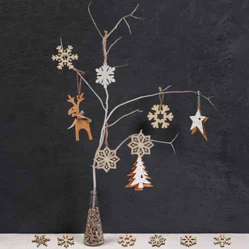 Happyyami Snowflake Ornaments 50pcs Wooden Snowflake Ornament Unfinished Wood Snowflake DIY Christmas Tree Snowflake Cutout Decoration Xmas Snowflake Embellishment for DIY Craft Snowflake