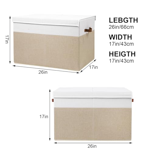 Large Toy Storage Box with Lid and Divider - 26x17x17 Inches Beige White