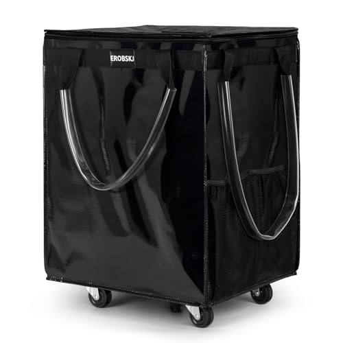 Large Reusable Grocery Bag on Wheels - Foldable Rolling Tote with 3 Handles, Zipper Closure, Heavy Duty 5 Wheels, Capacity 76 lbs - Black (Variation: Large / Black)