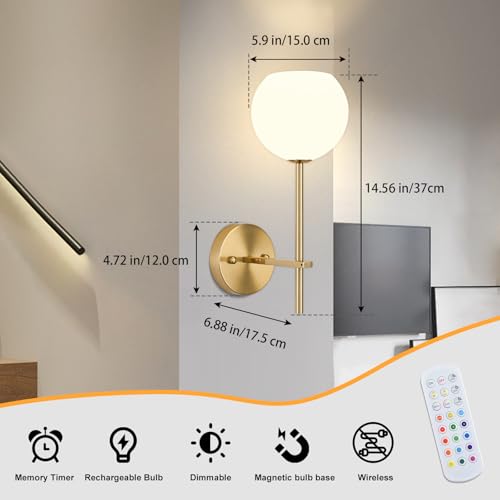 Gold Battery Operated Wall Sconces Set of 2, Rechargeable Wireless