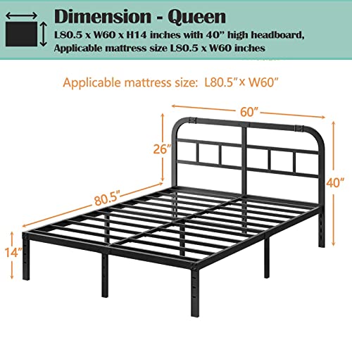 Queen Heavy Duty Metal Platform Bed Frame with Headboard, 14-Inch Support