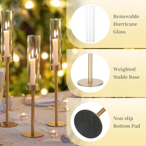 Hewory Gold Candlestick Holders 3-Piece Glass Hurricane with Tall Brass Base - Matte Gold