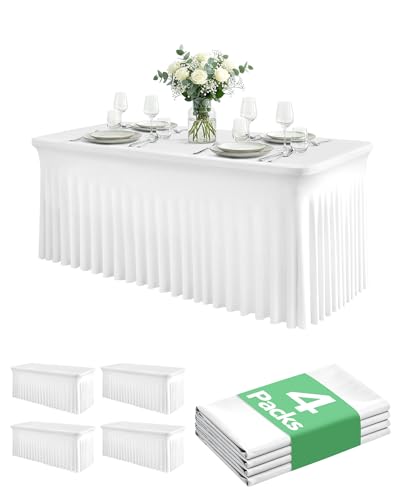 KeyWave 8 ft White Spandex Table Cover Skirt 4 Pack - Floor-Length Ruffle, Rectangle