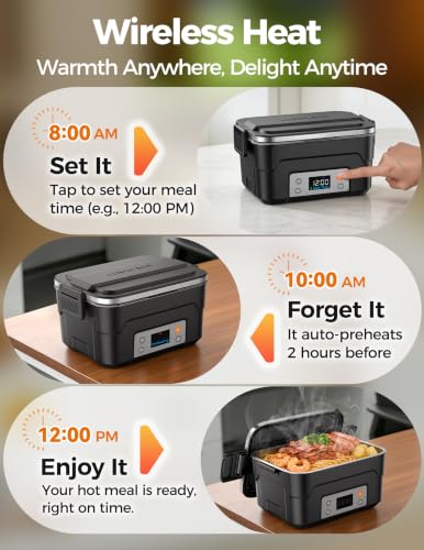 XL 1.5L Cordless Heated Lunch Box for Men - Black-Silver, 220°F