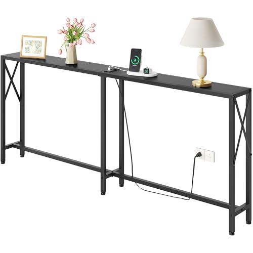70-Inch Sofa Table Behind Couch with Charging Station - Black, Narrow Console Table