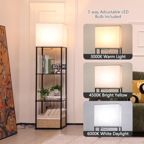 Gupuzm Floor Lamp with Shelves - Black-9 Large Standing Corner Bookcase & Reading Light
