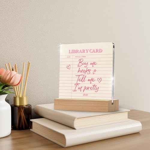 YAANUNULU Buy Me Books & Tell Me I am Pretty Desk Decor Acrylic Plaque with Wooden Stand for Women Book Lovers, Bookish Home Decoration Home Bedroom Office Bookshelf Decor 4.3 X 4.7 Inches