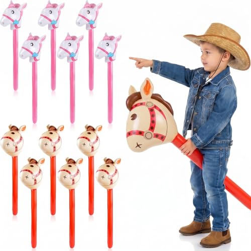 Cakmecwy 12 Pcs Pink Red Inflatable Horse Head Stick - Party Cowboy Western Decoration