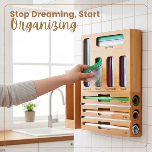 9-in-1 Kitchen Drawer Organizer for Food Storage & Wraps, Bamboo Dispenser with Cutter