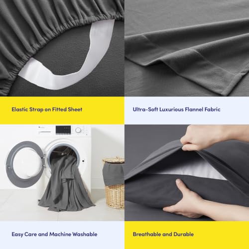 Gray Flannel Bed Sheet Set - Deep Pocket King Bedding with Fitted & Flat Sheets