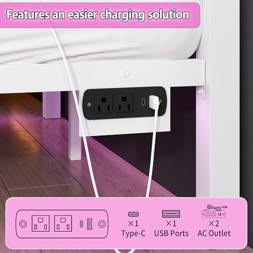 Full Size Bed Frame with Headboard Footboard Steel Slats USB Charging White