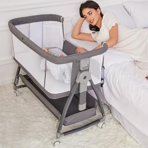 Jixrolyn 3-in-1 Baby Bassinet Bedside Sleeper Grey, Adjustable Height & All-Air Mesh