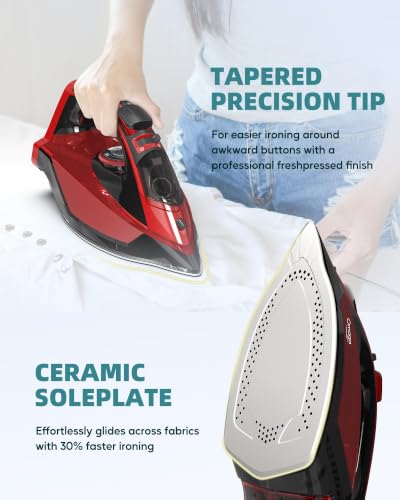 Cordless Steam Iron for Clothes - 1500W, Ceramic Soleplate, Red