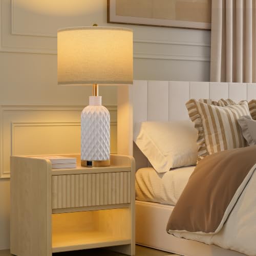 SIBRILLE 25-Inch White Ceramic Table Lamps Set of 2 with USB-C, USB-A & Outlet