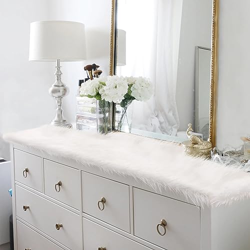 White Fur Short Table Runner 48 Inch Fluffy Dresser Cover - Tiosggd