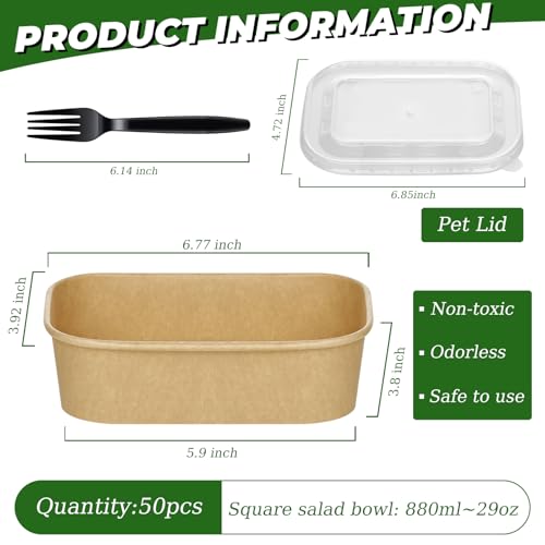 29oz Disposable Kraft Paper Meal Prep Containers with Lids & Forks — 50 Pack