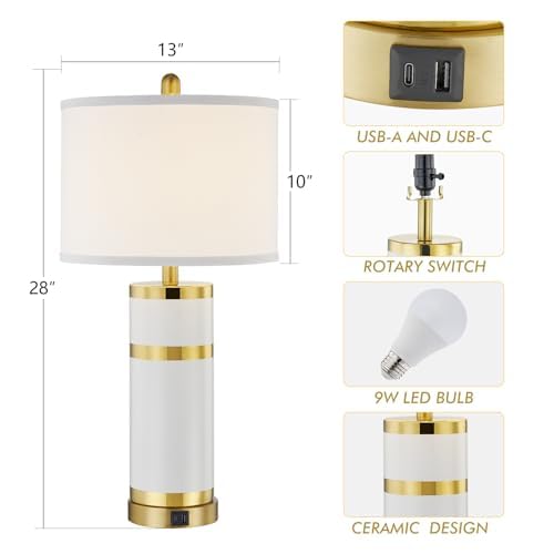 Creamy White 28-Inch Ceramic Bedside Table Lamps Set of 2 with Gold Accents
