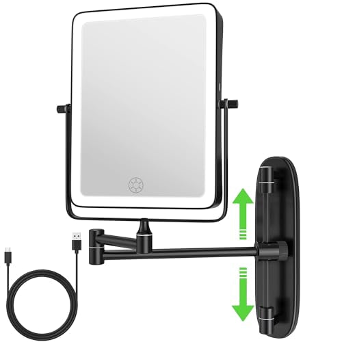 Black Wall Mounted Lighted Makeup Mirror with 10X Magnification & Dimmable LED Lights