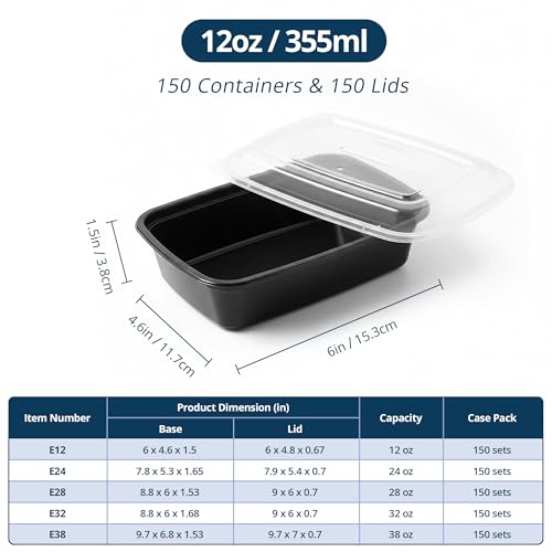 Tiya Meal Prep Containers with Lids - 150 Pack 12 oz BPA-Free Plastic