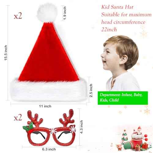 QLINLEAF 4Pack Red Santa Hat for Kids Plush Christmas Hats and Christmas Glasses Eyeglasses for Xmas Holiday Party for Children